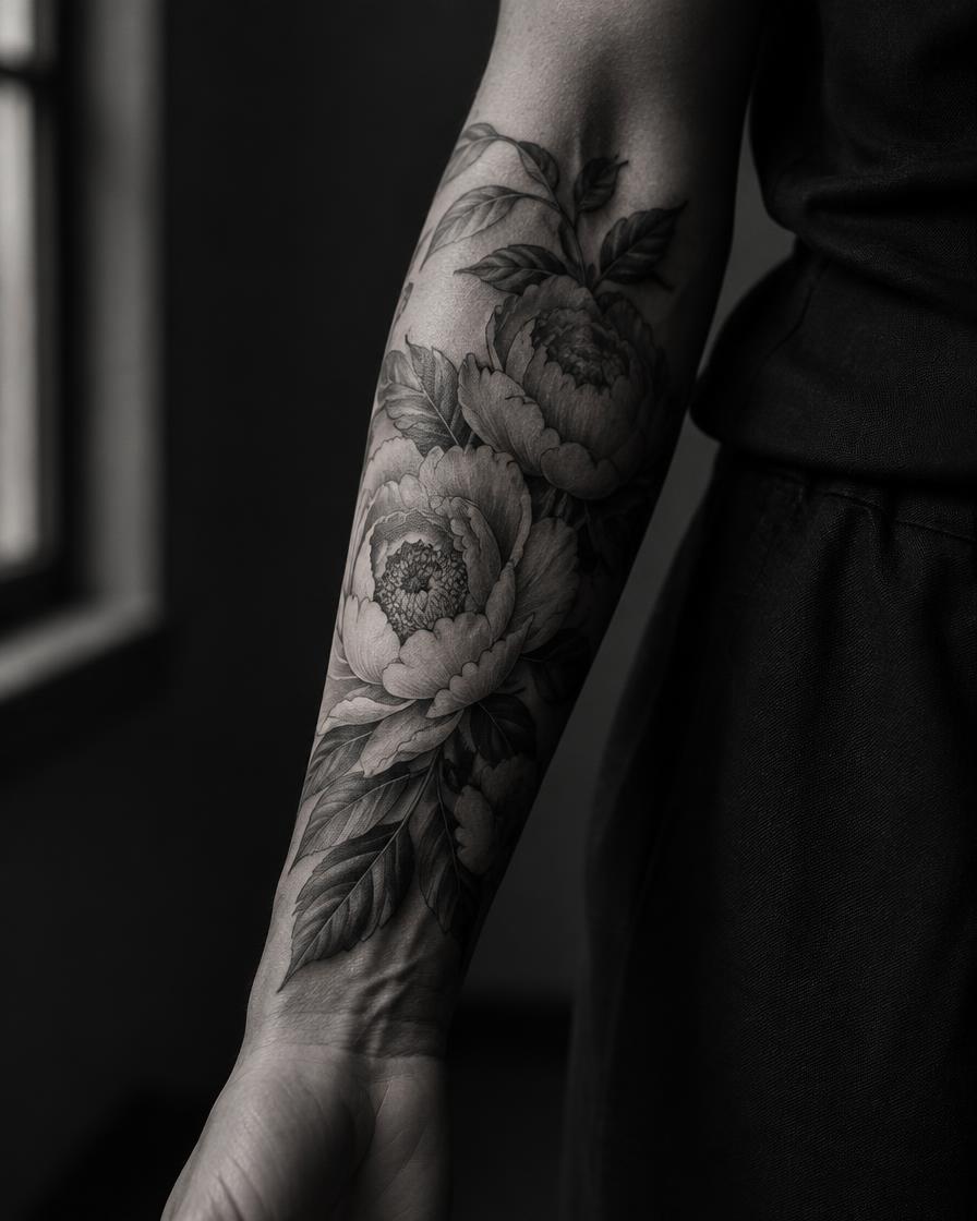 Still Blooming black-and-grey tattoo