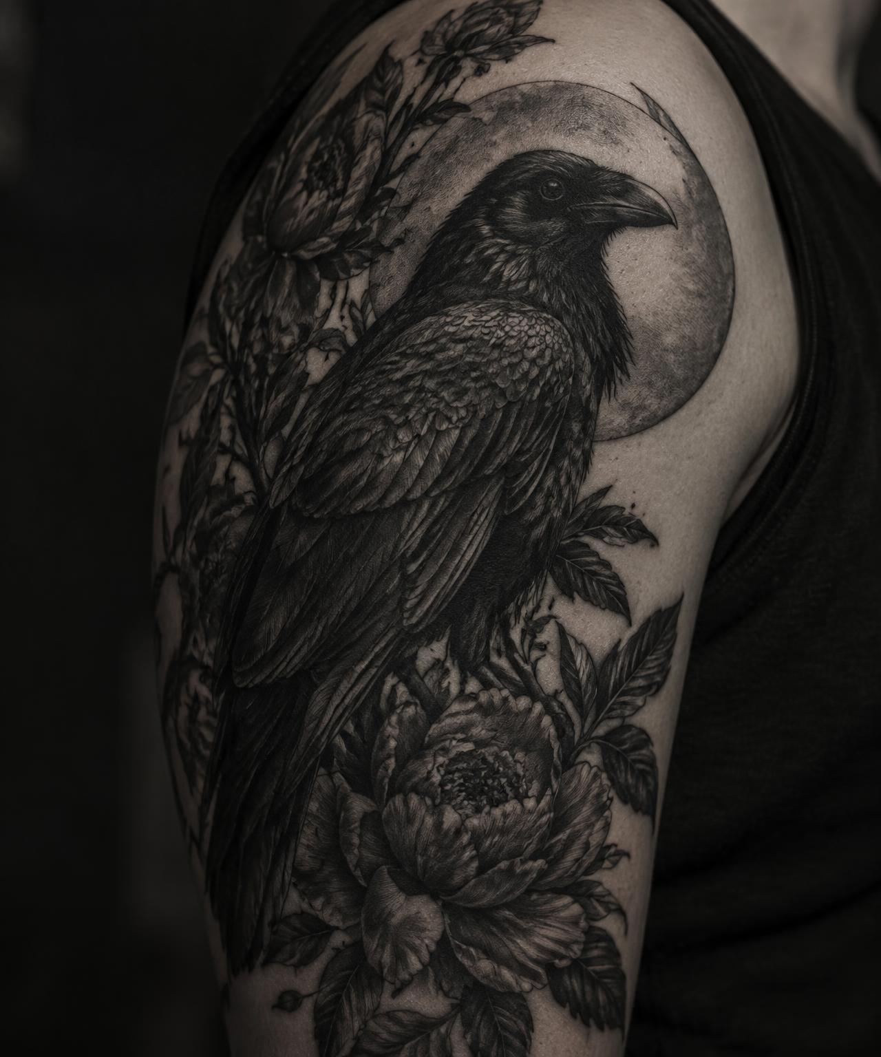 Detailed black-and-grey raven and botanical upper-arm tattoo